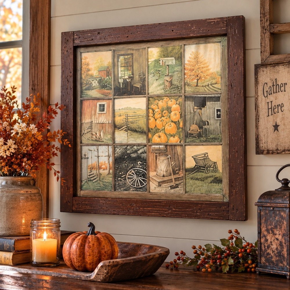Vintage HOMCO Home Interiors B Mitchell 12 Window Pane Autumn Farm Wall Art